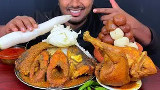 Eating Spicy Rohu Fish Curry,Deshi Whole Chikhen Curry With Rice || Roshogollah || Asmr Mukbong Show