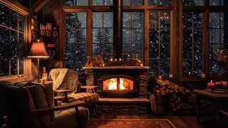 Winter Cozy Cabin in Snowfall with Crackling Fireplace, Relaxing Wind & Snow Ambience | Resting Area