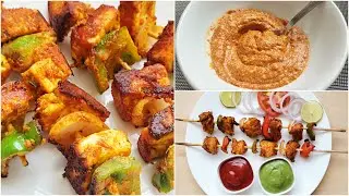 Chicken and Paneer tikka skewer...with homemade tikka masala...baked  n served with green chutney