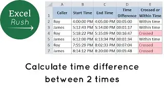 Calculate time difference in excel between 2 times