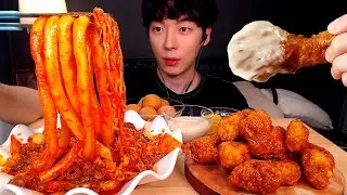 MUKBANG Spicy Rice Cake(TTEOKBOKKI) + Crispy Honey Fried Chicken! CHEESE BALL REAL SOUND [SIO ASMR]
