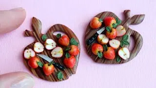 Miniature whole and sliced ​​apples and a knife on a kitchen board❤️Polymer clay