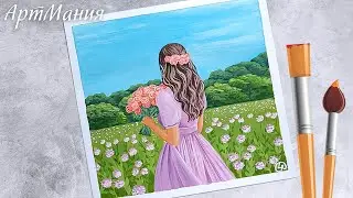 Girl with a bouquet of flowers - Gouache drawing