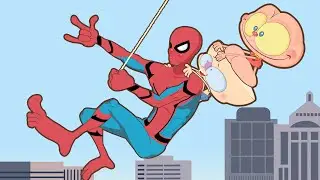 Mongo e Drongo e o Homem-Aranha nada longe de casa.  Desenho do homem-aranha