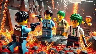 Lego Polizei stellt Verdächtige in einer lavaerfüllter unterirdischen Höhle