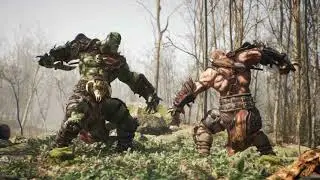 Two formidable orc warriors fight in a battle in a fairy-tale summer forest.