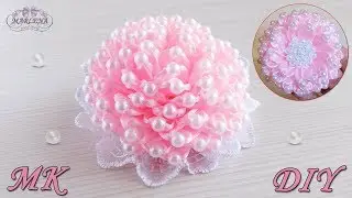 Пышный бант с бусинами из узких лент/ Lush bow with beads. Kanzashi DIY