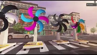 A Row of Colorful Pinwheel Fans on a Vibrant Roblox Street