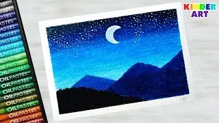 How to draw mountains with oil pastels step by step for beginners - Night landscape