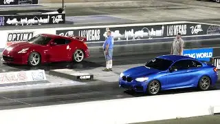 Blue BMW M235 i Coupe Vs. Nissan 370Z Nismo Drag Race - Las Vegas 6-2-2023 - 4K UHD