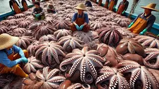 Fishermen catch hundreds of tons of giant octopus every day, catch and process giant octopus