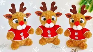 🦌 Рождественский ОЛЕНЬ из пряжи БЕЗ ВЯЗАНИЯ! 🎄 Олененок из помпонов/Pom Pom Christmas Reindeer