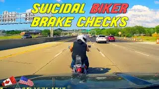 MAD BIKER THINKS HE CAN STOP A CAR BY BRAKE CHECKING IT |  Road Rage USA & Canada 2023