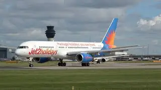 Manchester Airport Arrivals and Departures from the Spool up spot. Close up Aviation action in 4K