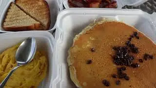Having Chocolate Chip Pancakes With Scrambled Eggs And Bacon And Toast ASMR
