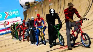 Super Heroes Spider Man Bike Сhallenge Ramp Captain America GTA V!Супер Героии ГТА 5 Вело-Испытание!