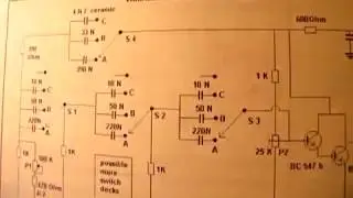 2 transistor sine wave oscillator with deck switch freq. between 150 Hz and 22 KHz (schematic)