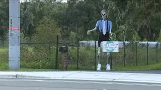 Skeleton dressed like Meteorologist Denis Phillips reminds Valrico drivers of important rule #7