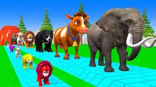 Paint & Animals Cow,Lion,Elephant,Sheep,Bear,Dinosaur Fountain Crossing Transformation Cartoon