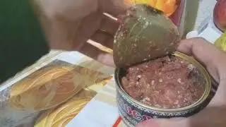 Пробую мясо лося в консерве