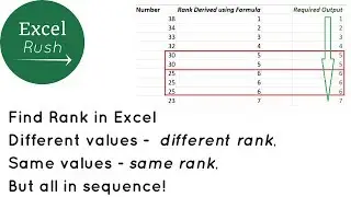 Rank in Excel in sequence. Same value, same rank. Different value, different rank.