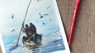 Watercolor painting. Акварель: рисуем лодку на рассвете.