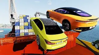 Super Cars VS Cargo Container Ship Jump Parkour Challenge Test #3   BeamNG Drive