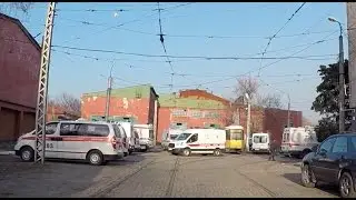 Ambulance cars in a closed depot