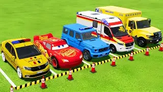 POLICE CARS, MCQUEEN CAR, AMBULANCE EMERGENCY VEHICLES TRANSPORTING ! Farming Simulator 22