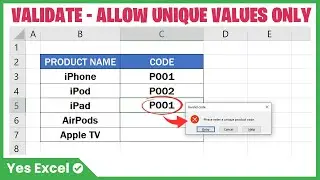 Allow Unique Values Only - Excel Data Validation