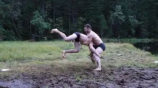 Young Russian muscle brothers wrestling and flexing