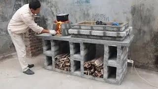 Build a simple wood stove combined with an outdoor oven made from cement bricks