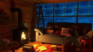 Bitter Cold outside the Window, and the Fireplace is Burning in a Cozy Winter Cabin