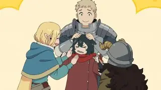 Laios and Marcille Patting Izutsumi and Fix Her Broken Arm