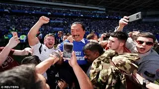 Cardiff City fans embrace owner Vincent Tan as he celebrates earning promotion to the Premier