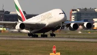 Powerful takeoff of an A380 on a hot summer day.