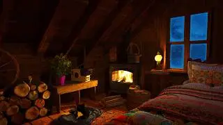 Cozy winter attic - SEVERE blizzard, fireplace and cat