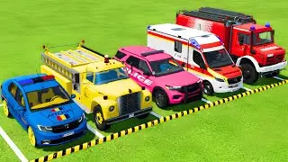 POLICE CARS, FIRE DEPARTMENT VEHICLES, AMBULANCE EMERGENCY CAR TRANSPORTING WITH TRUCKS ! FS22