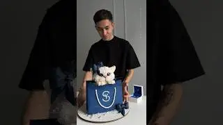 Торт с белым котенком, который любит залезать в пакеты с покупками ☺️