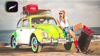 Classic Car VW Beetle And Beach | Procreate 5X Art