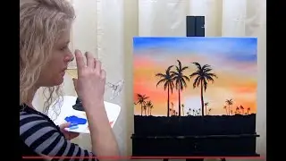 How to Paint a Hawaiian Sunset and Palm Trees | Paint and Sip at Home | Step by Step tutorial