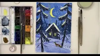 Как нарисовать зиму. Рисуем зимнюю ночь. Идея новогодней открытки. Урок рисования для детей.