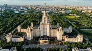 Main building of Moscow State University. Sparrow Hills. Stalin skyscraper. Moscow [Drone 4K 60fps]