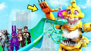 ANIMATRONICS ESCORREGANDO NO MAIOR ESCORREGADOR DO MUNDO DO GTA 5? | GTA V Five Nights at Freddy's