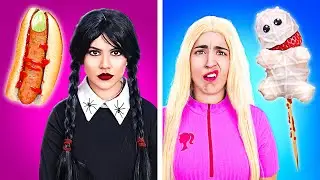 HALLOWEEN FOOD CHALLENGE || Wednesday VS Barbie DIY Halloween Treats by 123 GO! CHALLENGE