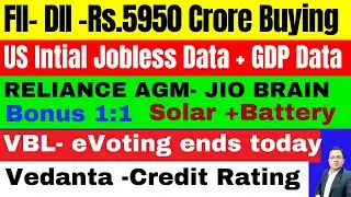 FII- DII रु 5950 Crore Buying I US Jobless data I US GDP I VBL Share I Reliance share I Vedanta