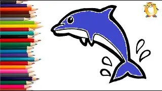 How to draw a dolphin. Coloring page/Drawing and painting for kids. Learn colors.