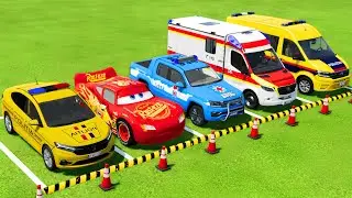 POLICE CARS, MCQUEEN CAR, AMBULANCE EMERGENCY VEHICLES TRANSPORTING WITH MAN TRUCKS ! FS22