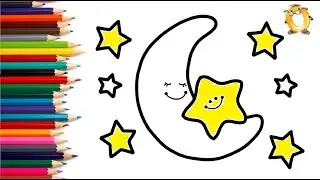 How to draw a moon and stars. Coloring page/Drawing and painting for kids. Learn colors.