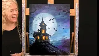 HALLOWEEN Learn How to Draw and Paint with Acrylics HAUNTED HOUSE-Art tutorial-Paint and Sip at Home